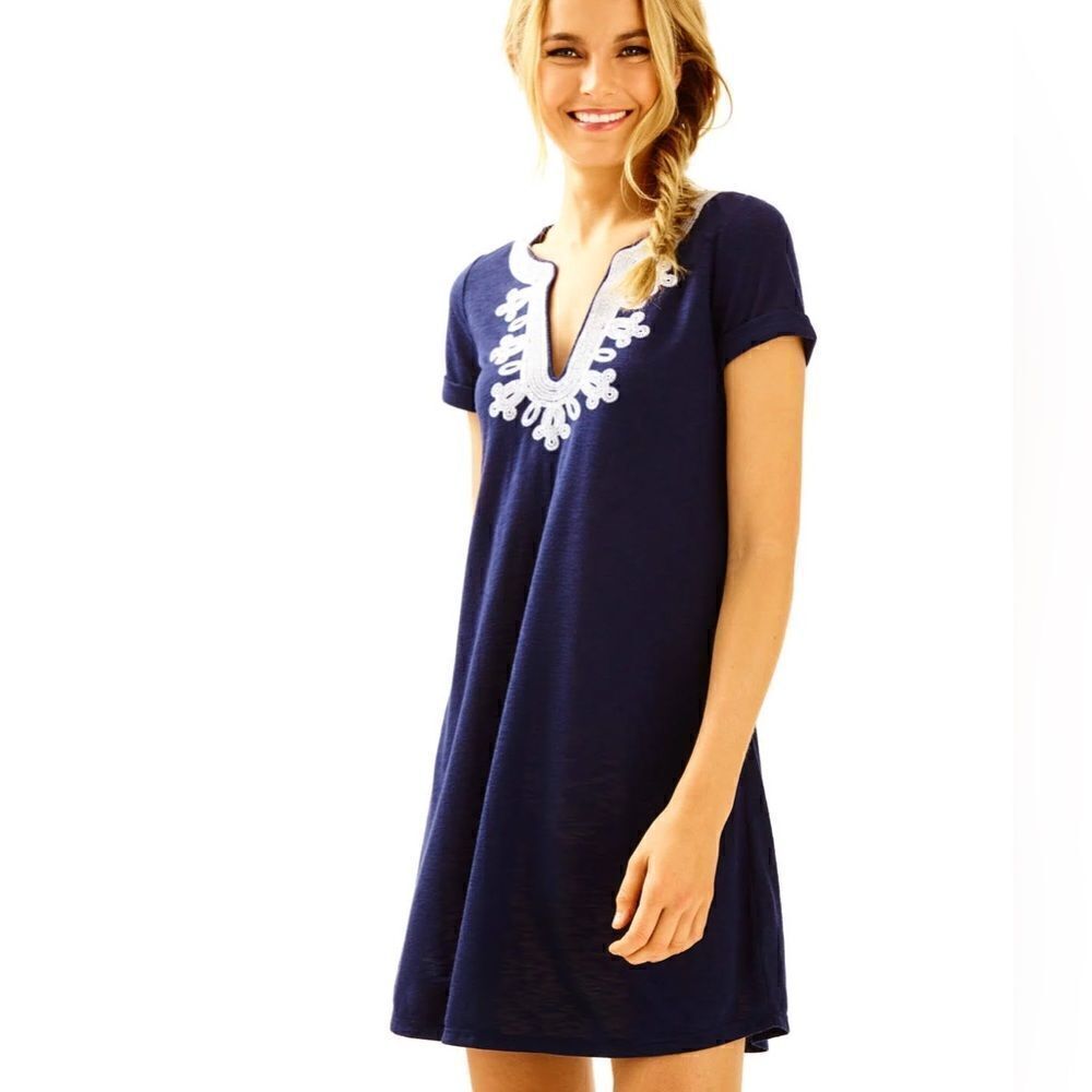 Lilly Pulitzer MAISY SWING T SHIRT DRESS True Navy Embroidered White V-Neck